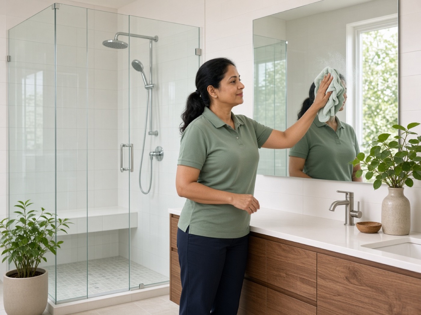 A cleaner wiping the mirror in a bright modern bathroom