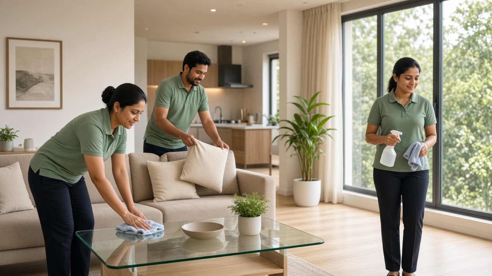 Three cleaners in green uniforms working in a bright modern living room
