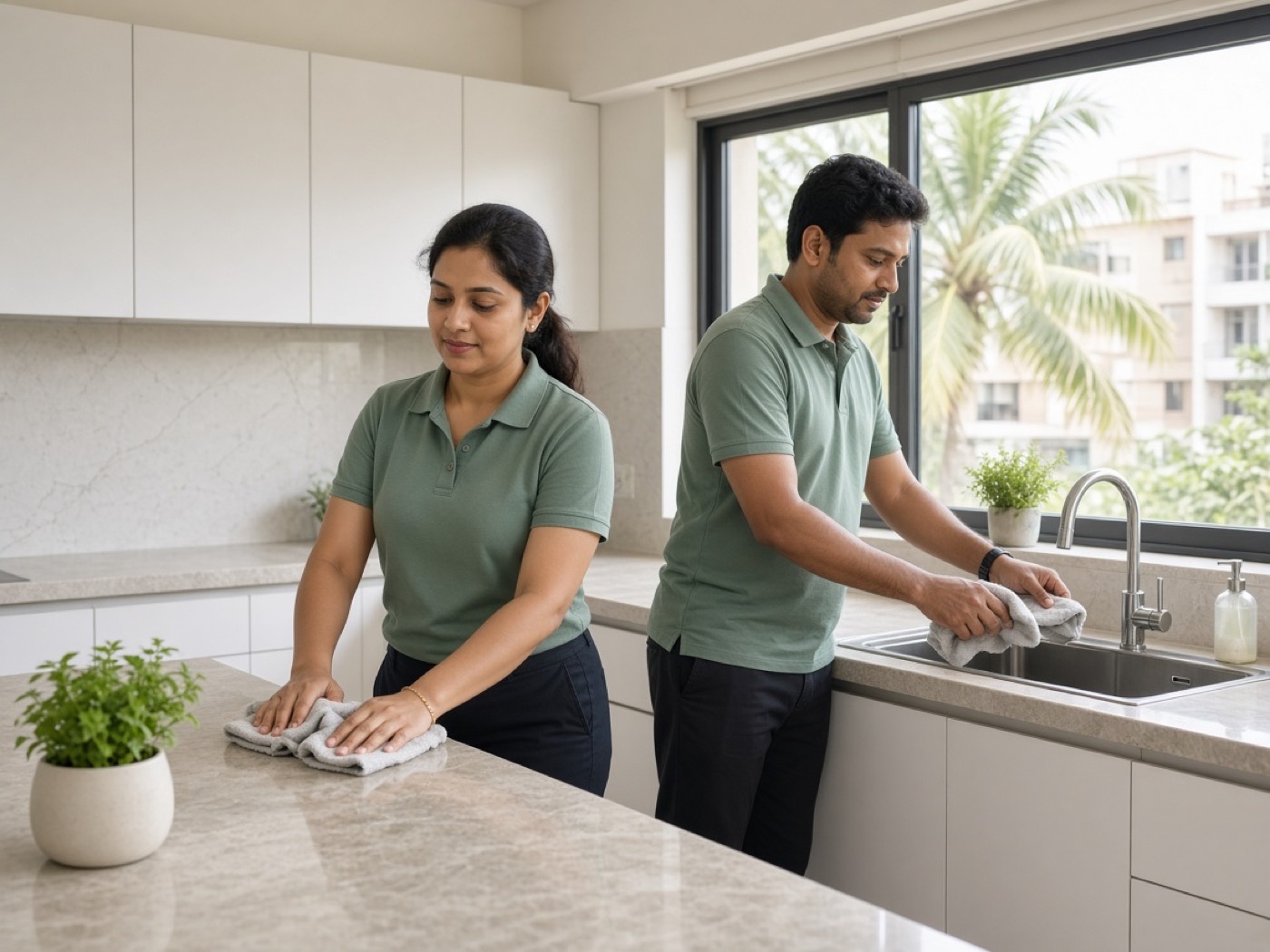 Two cleaners wiping a modern kitchen counter and sink