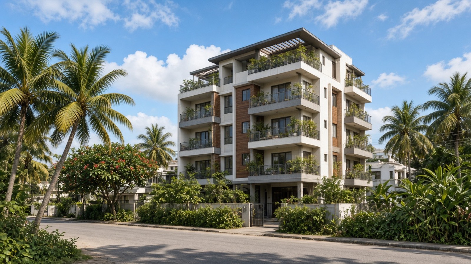 A modern apartment building among coconut palms in Kochi