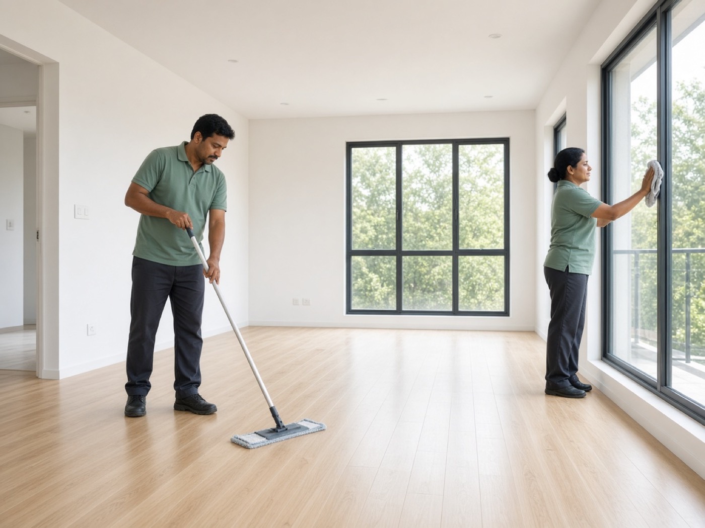 Two cleaners mopping and wiping windows in an empty new apartment